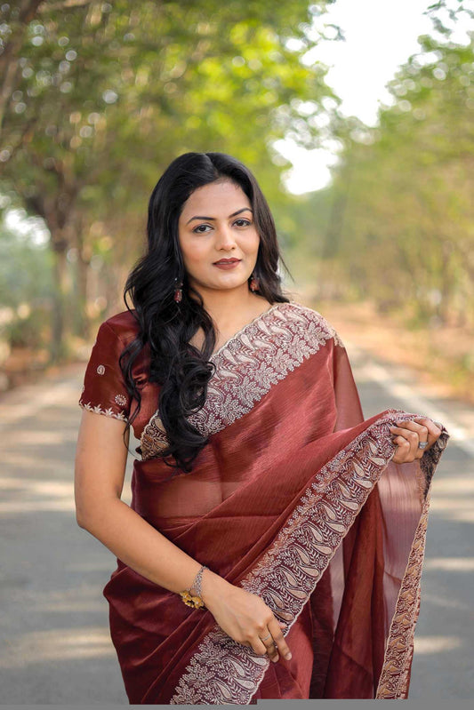 Pure Burberry Silk Saree with Heavy Multistitched Border & Butti Work Blouse | Party & Festive Wear (Bronze)