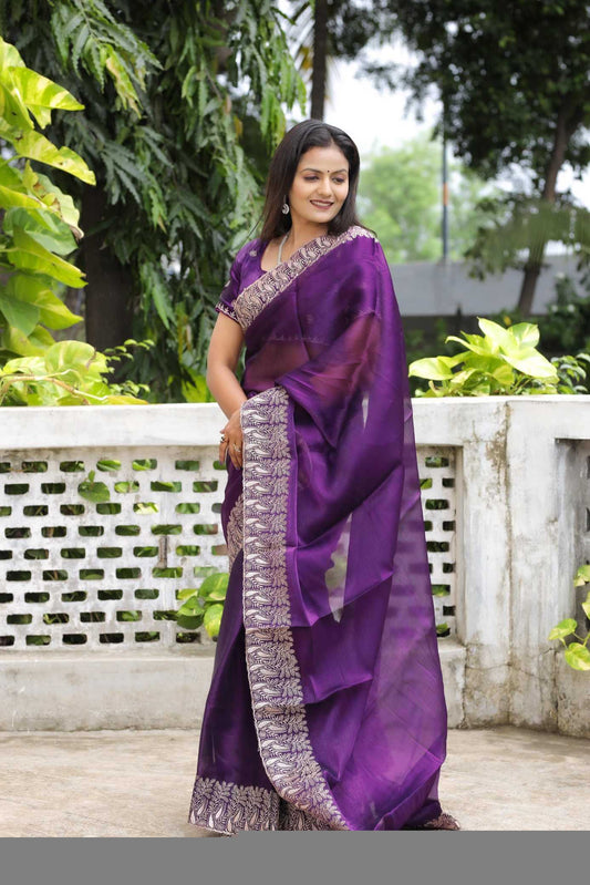 Pure Burberry Silk Saree with Heavy Multistitched Border & Butti Work Blouse | Party & Festive Wear (Purple)