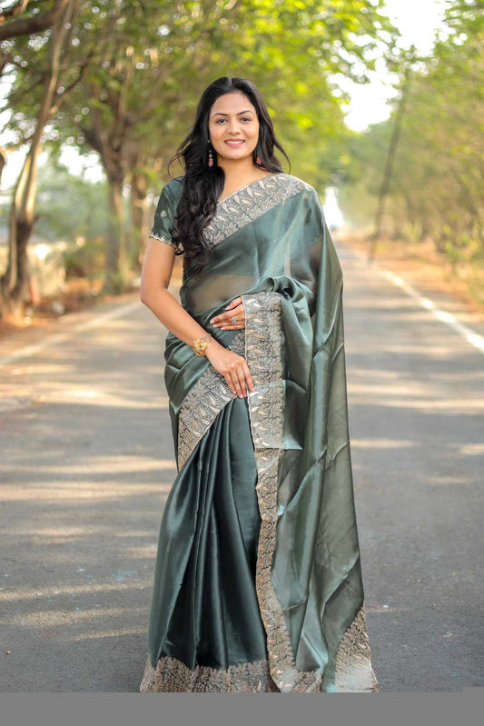 Pure Burberry Silk Saree with Heavy Multistitched Border & Butti Work Blouse | Party & Festive Wear (Grey)