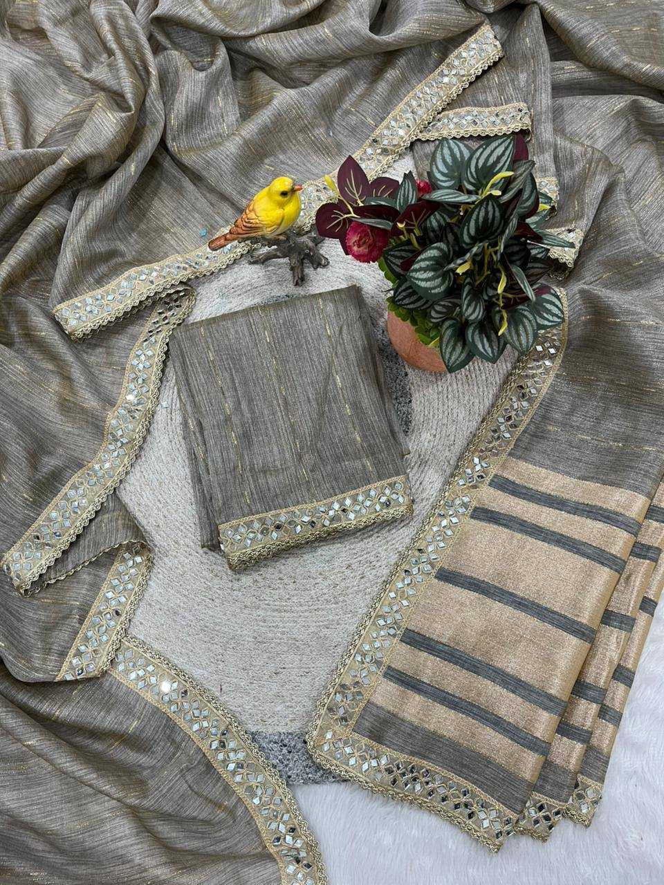 Gray Pure Cotton Embroidered Saree with Mirror Work Border - House of ViDi