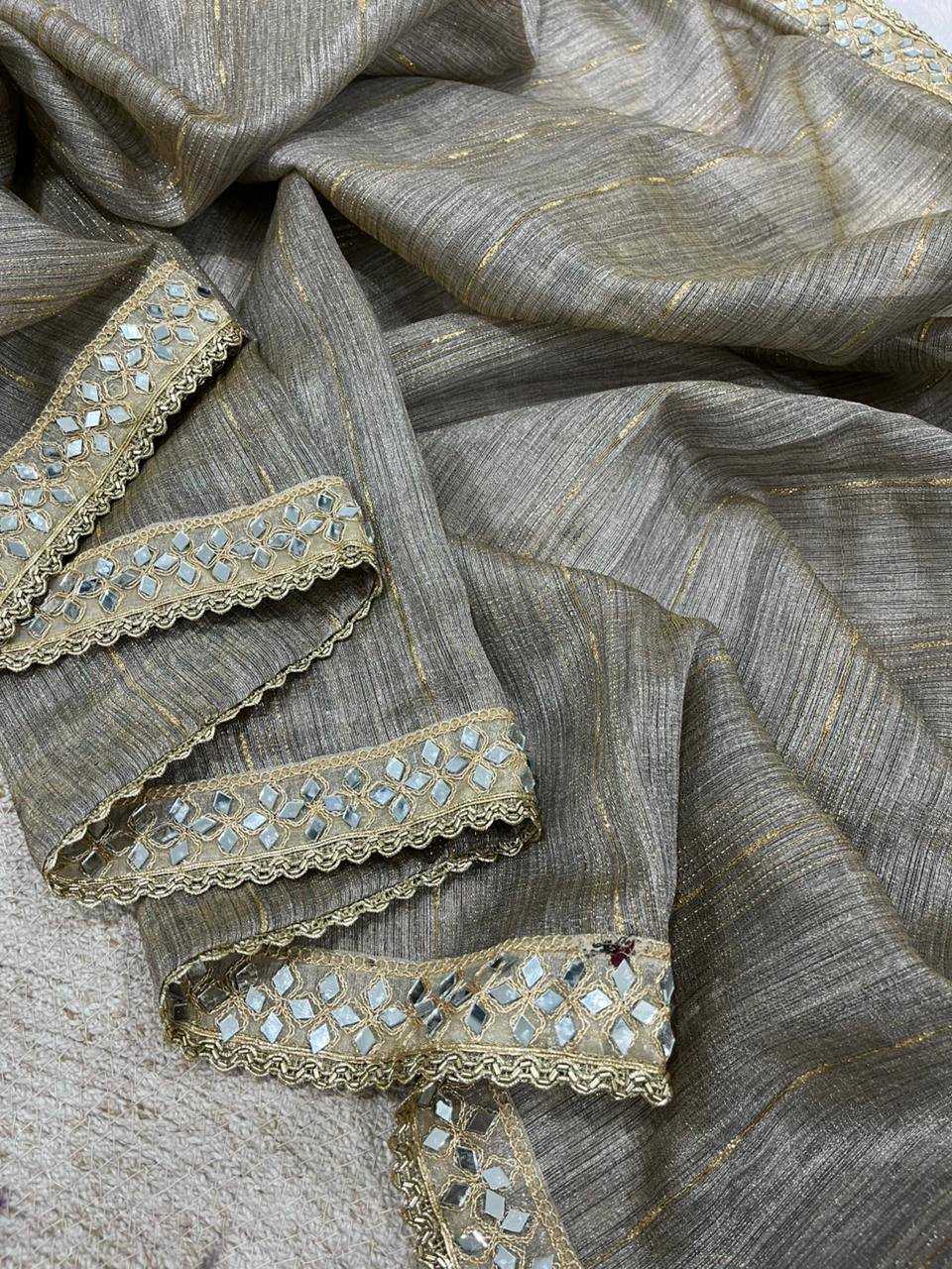 Gray Pure Cotton Embroidered Saree with Mirror Work Border - House of ViDi