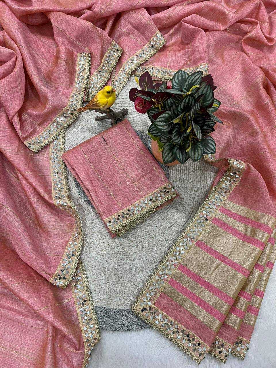 Pink Pure Cotton Embroidered Saree with Mirror Work Border - House of ViDi