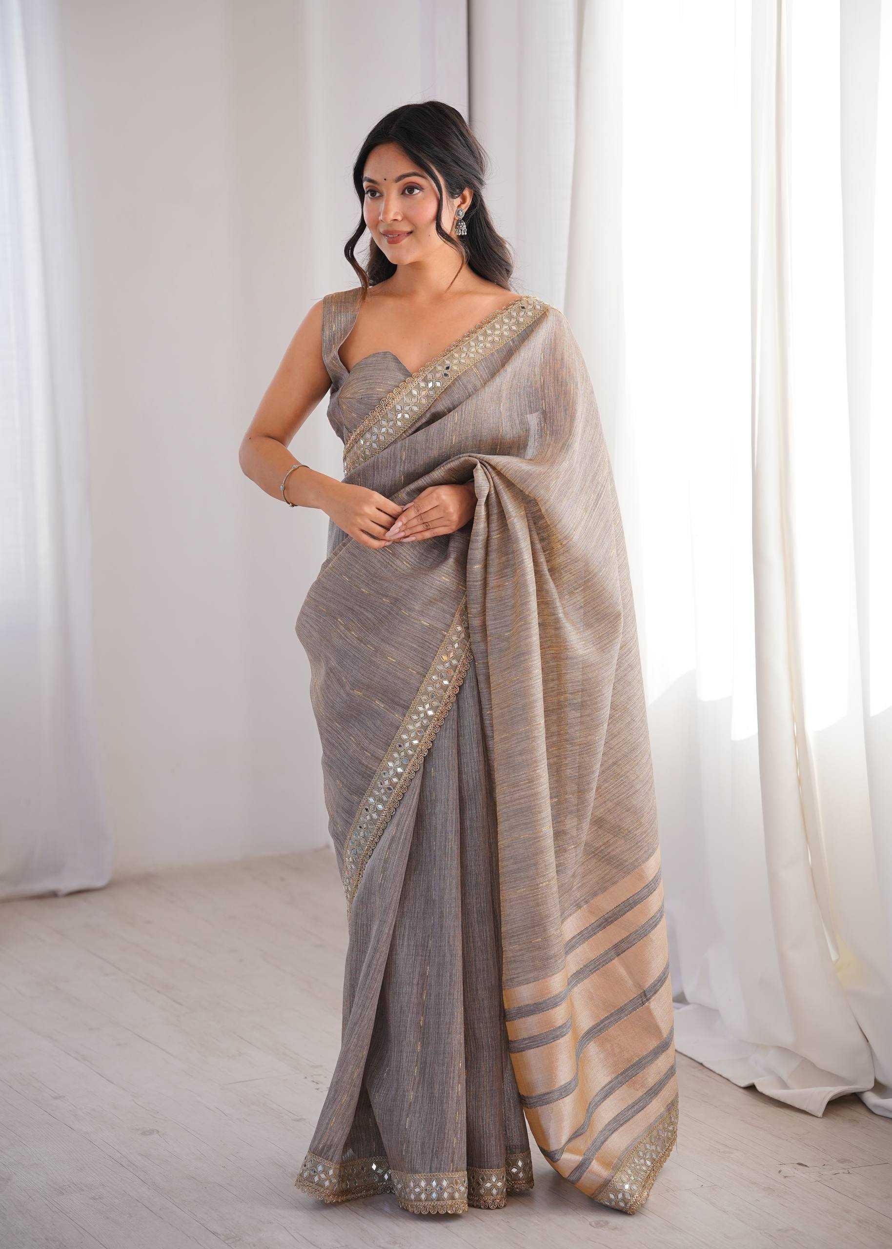 Gray Pure Cotton Embroidered Saree with Mirror Work Border - House of ViDi