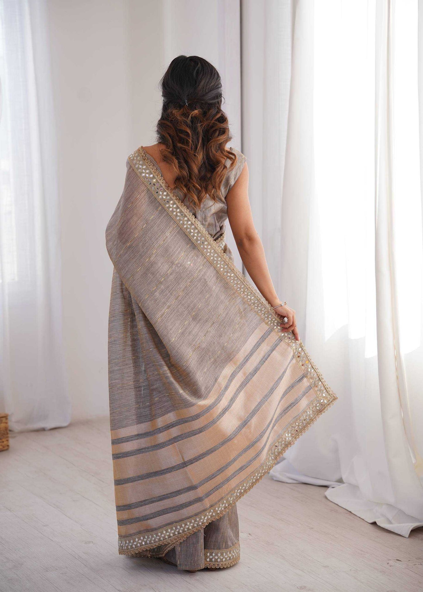 Gray Pure Cotton Embroidered Saree with Mirror Work Border - House of ViDi