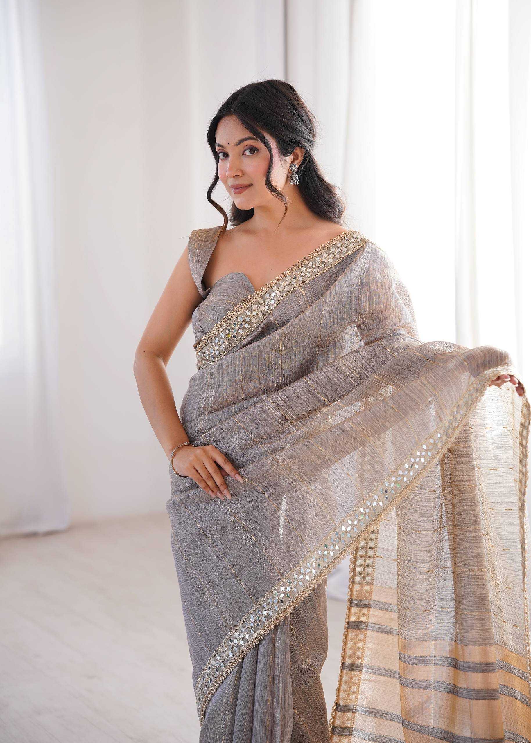 Gray Pure Cotton Embroidered Saree with Mirror Work Border - House of ViDi