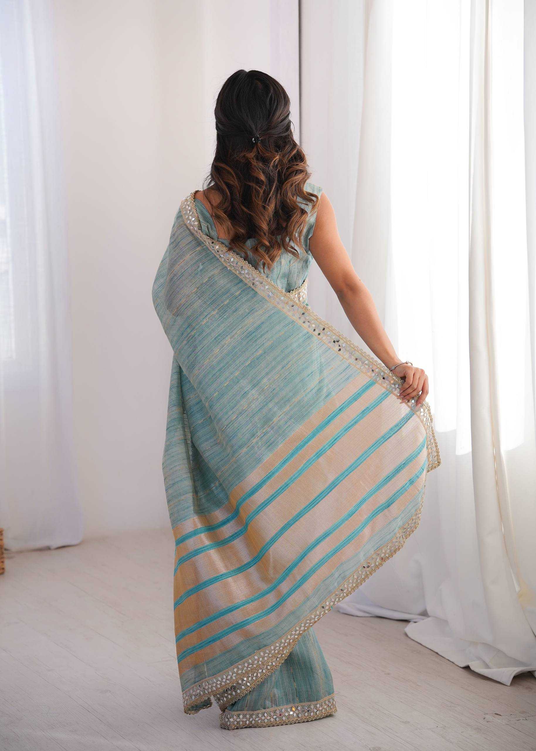 Firozi Pure Cotton Embroidered Saree with Mirror Work Border - House of ViDi