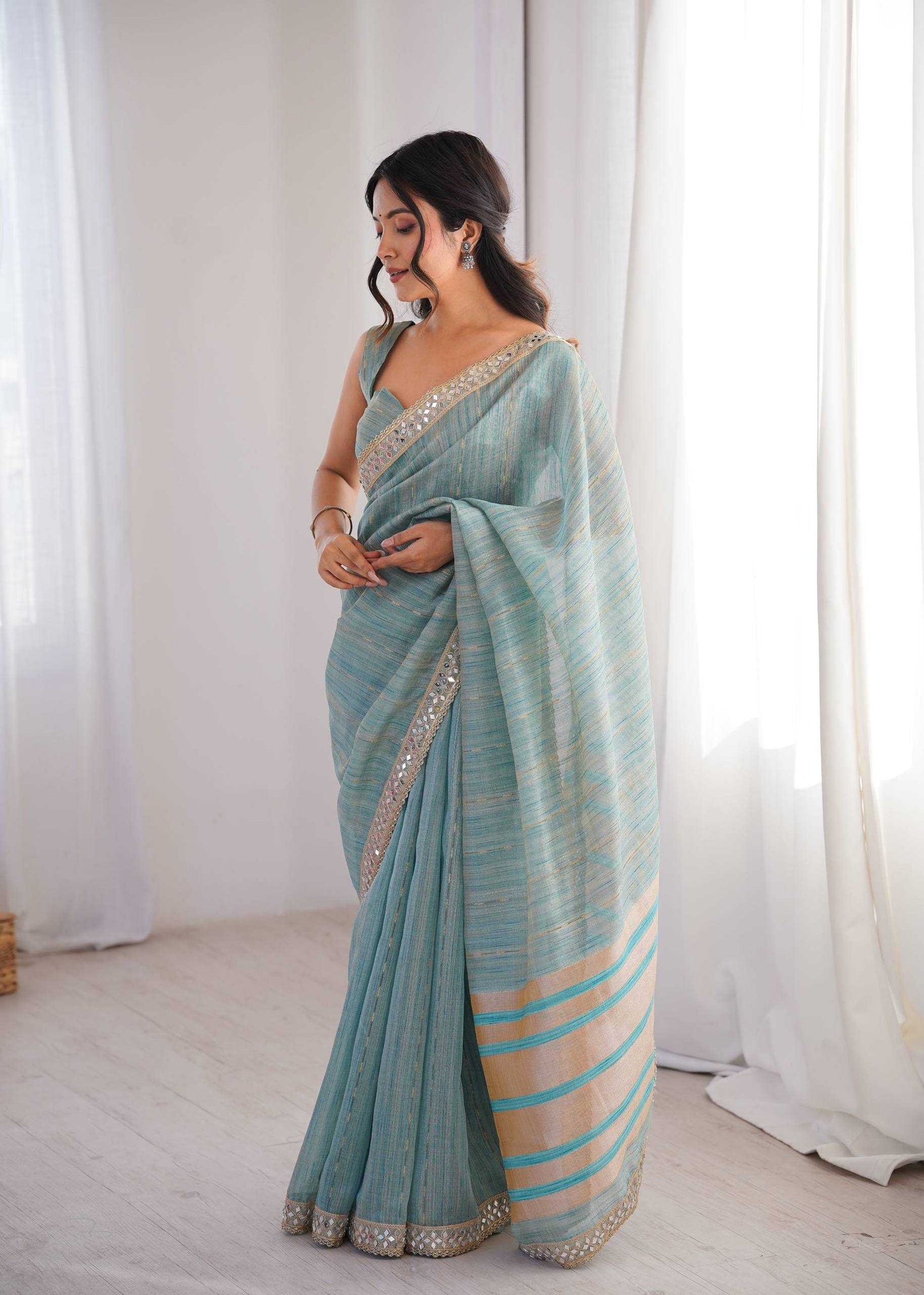 Firozi Pure Cotton Embroidered Saree with Mirror Work Border - House of ViDi
