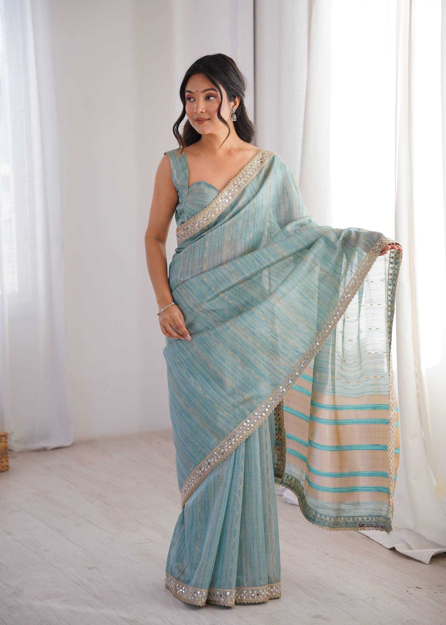 Firozi Pure Cotton Embroidered Saree with Mirror Work Border - House of ViDi