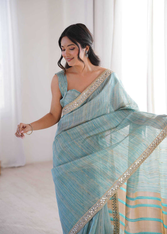 Firozi Pure Cotton Embroidered Saree with Mirror Work Border