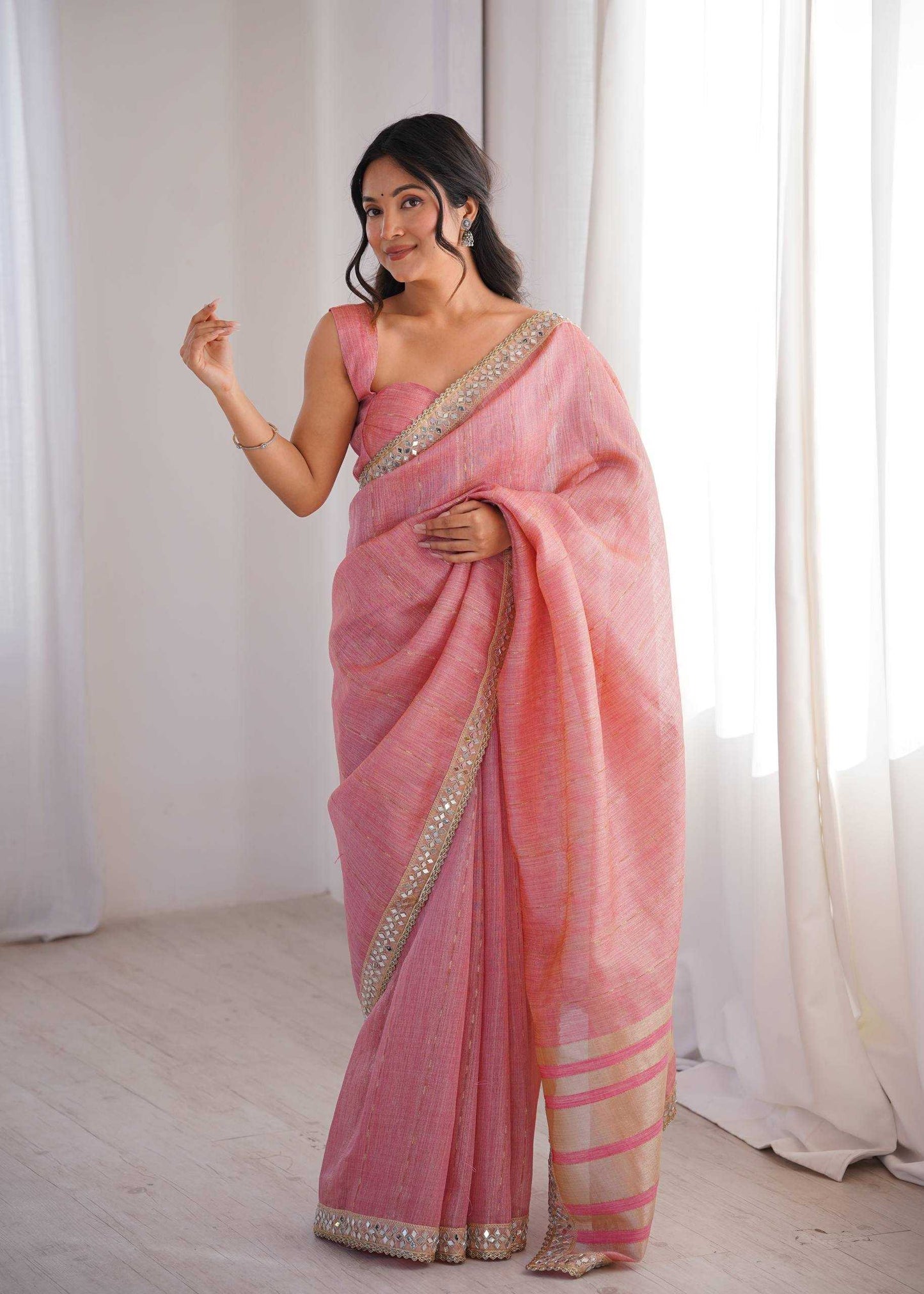 Pink Pure Cotton Embroidered Saree with Mirror Work Border - House of ViDi