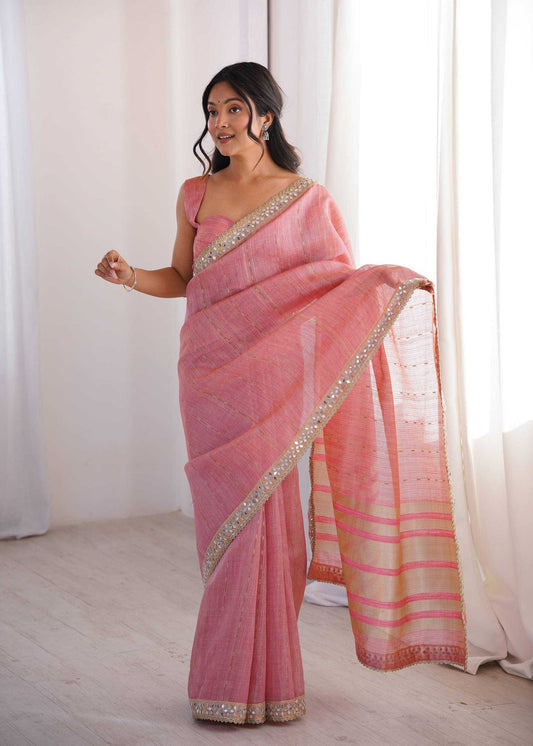 Pink Pure Cotton Embroidered Saree with Mirror Work Border