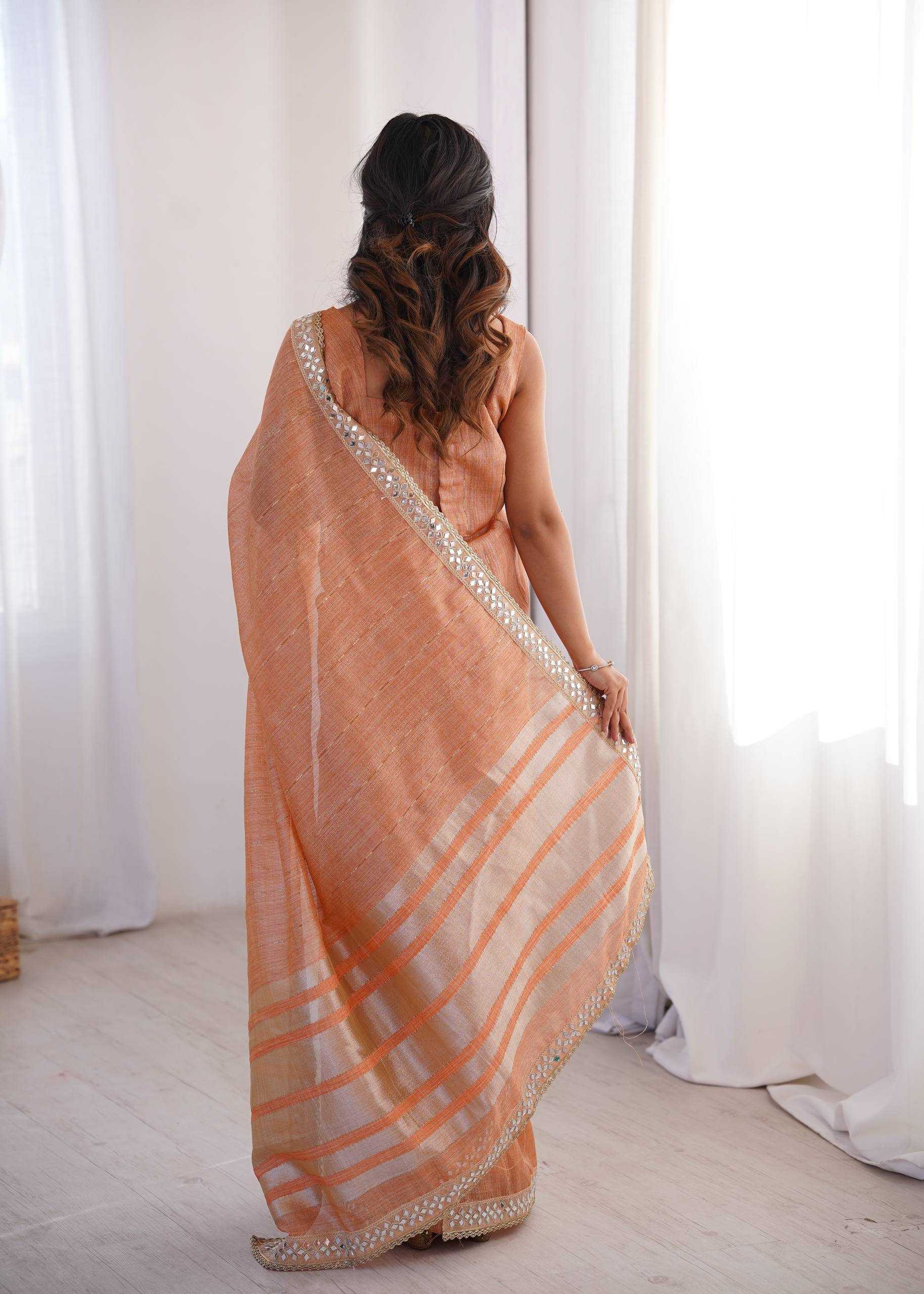 Peach Pure Cotton Embroidered Saree with Mirror Work Border - House of ViDi