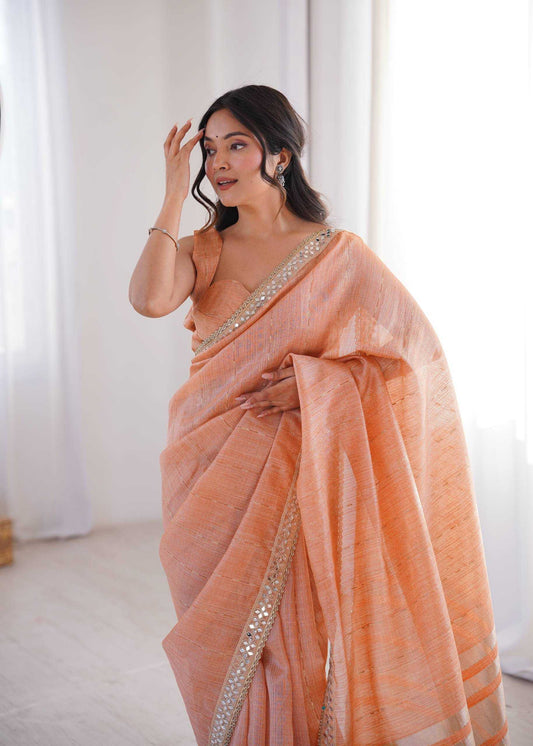 Peach Pure Cotton Embroidered Saree with Mirror Work Border