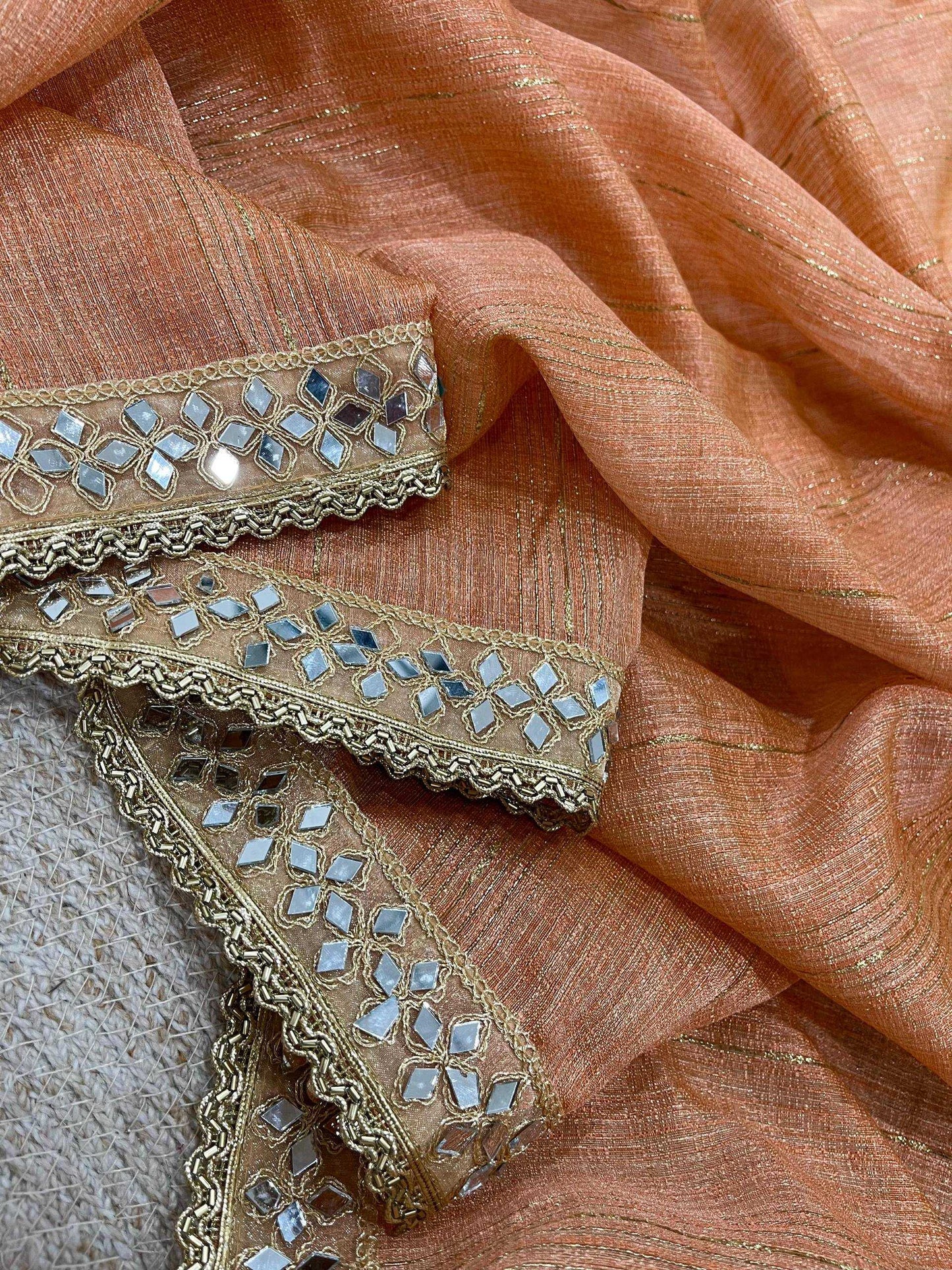 Peach Pure Cotton Embroidered Saree with Mirror Work Border - House of ViDi
