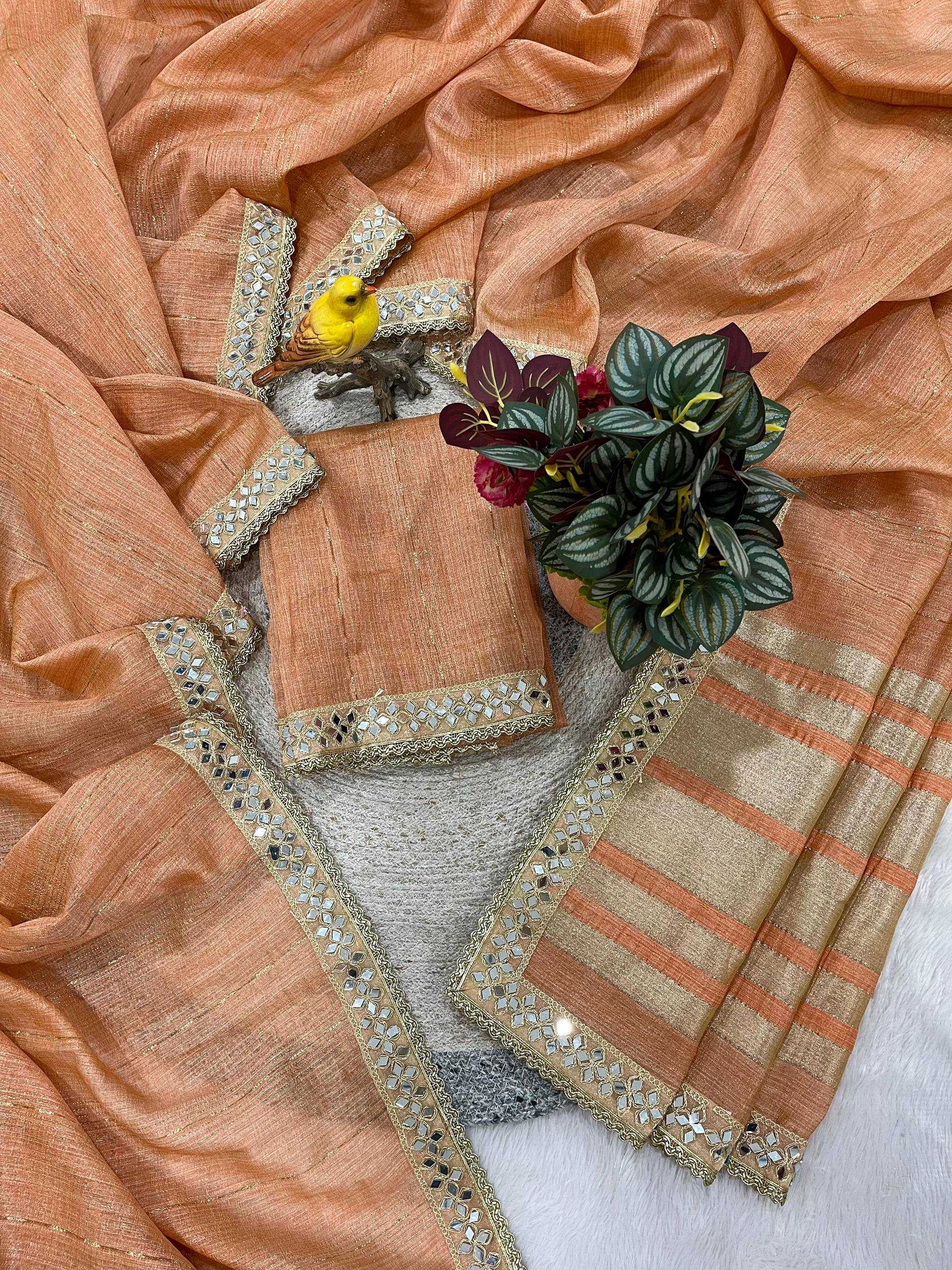Peach Pure Cotton Embroidered Saree with Mirror Work Border - House of ViDi