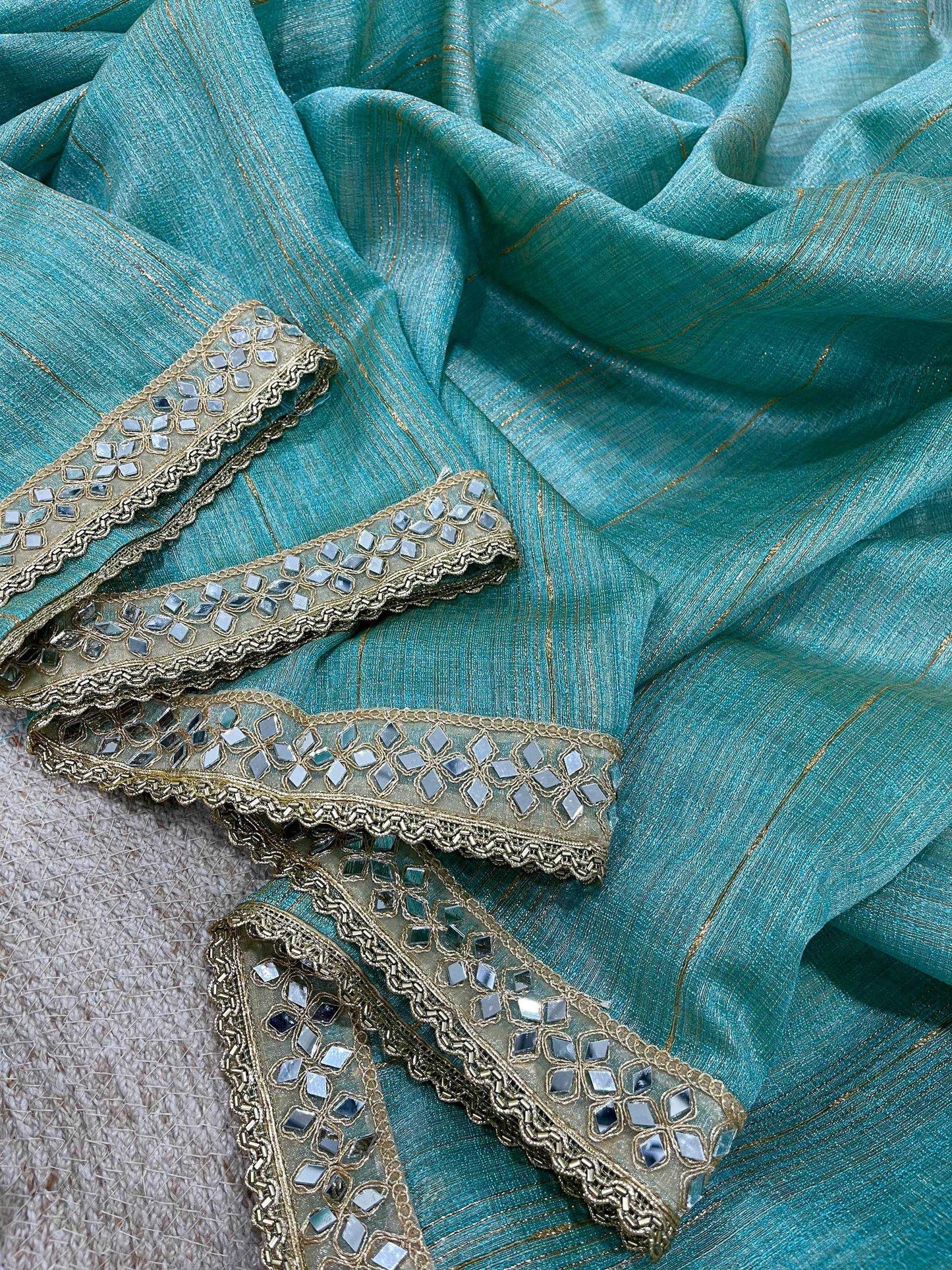 Firozi Pure Cotton Embroidered Saree with Mirror Work Border - House of ViDi