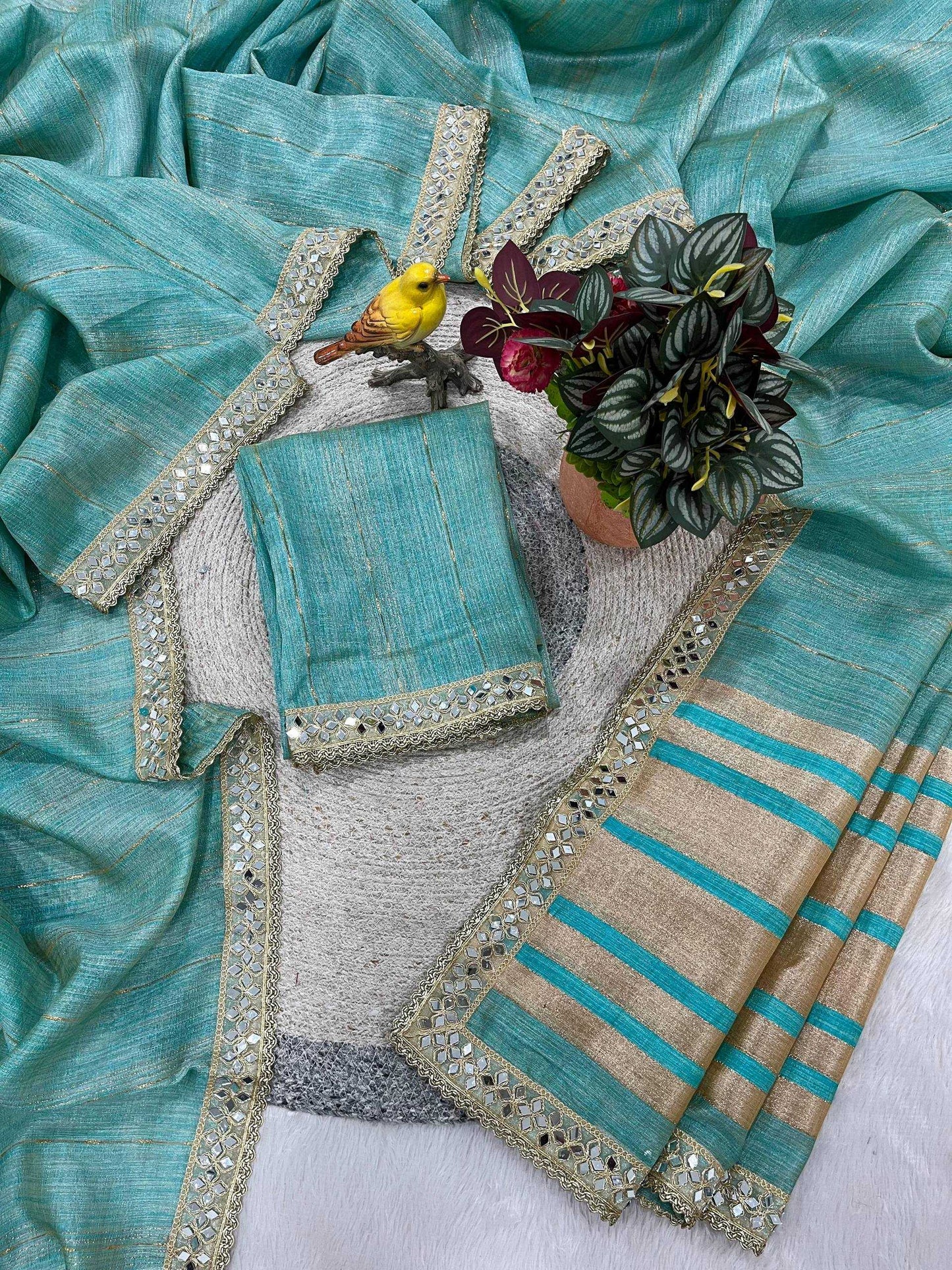 Firozi Pure Cotton Embroidered Saree with Mirror Work Border - House of ViDi