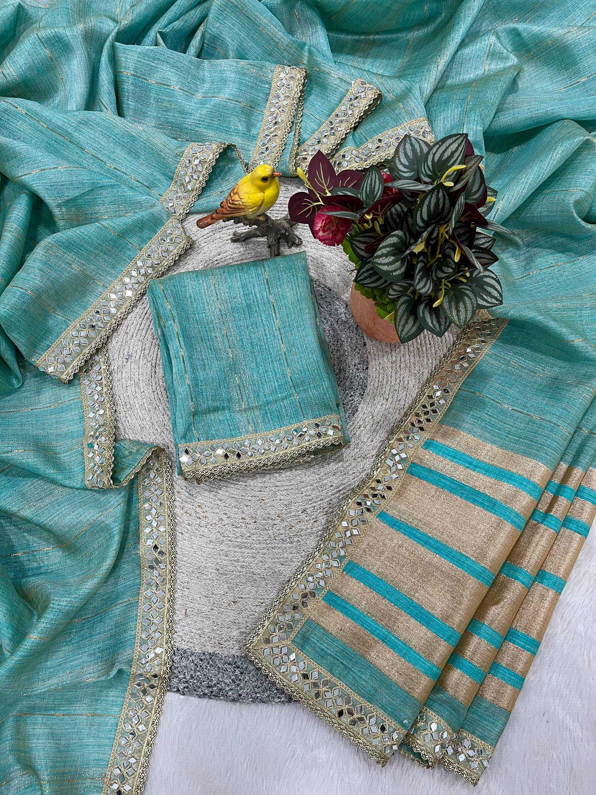 Firozi Pure Cotton Embroidered Saree with Mirror Work Border - House of ViDi