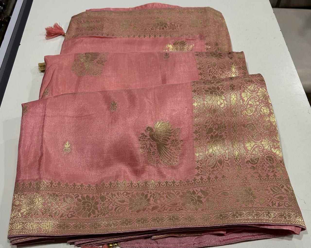 Light Pink Pure Soft Russian Silk Zari Weaving Butta Saree