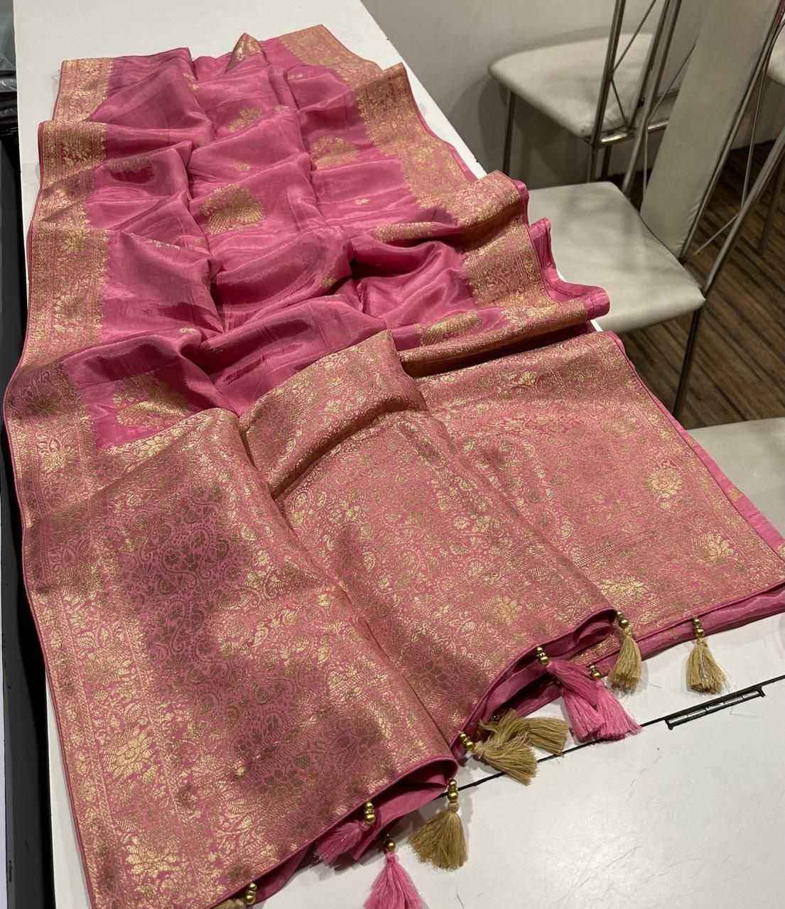Cavern Pink Pure Soft Russian Silk Zari Weaving Butta Saree