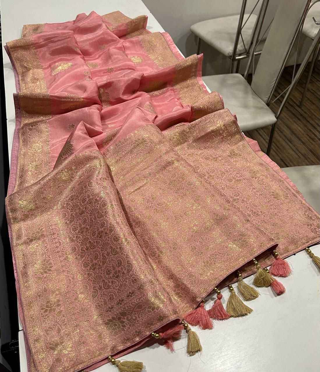 Light Pink Pure Soft Russian Silk Zari Weaving Butta Saree