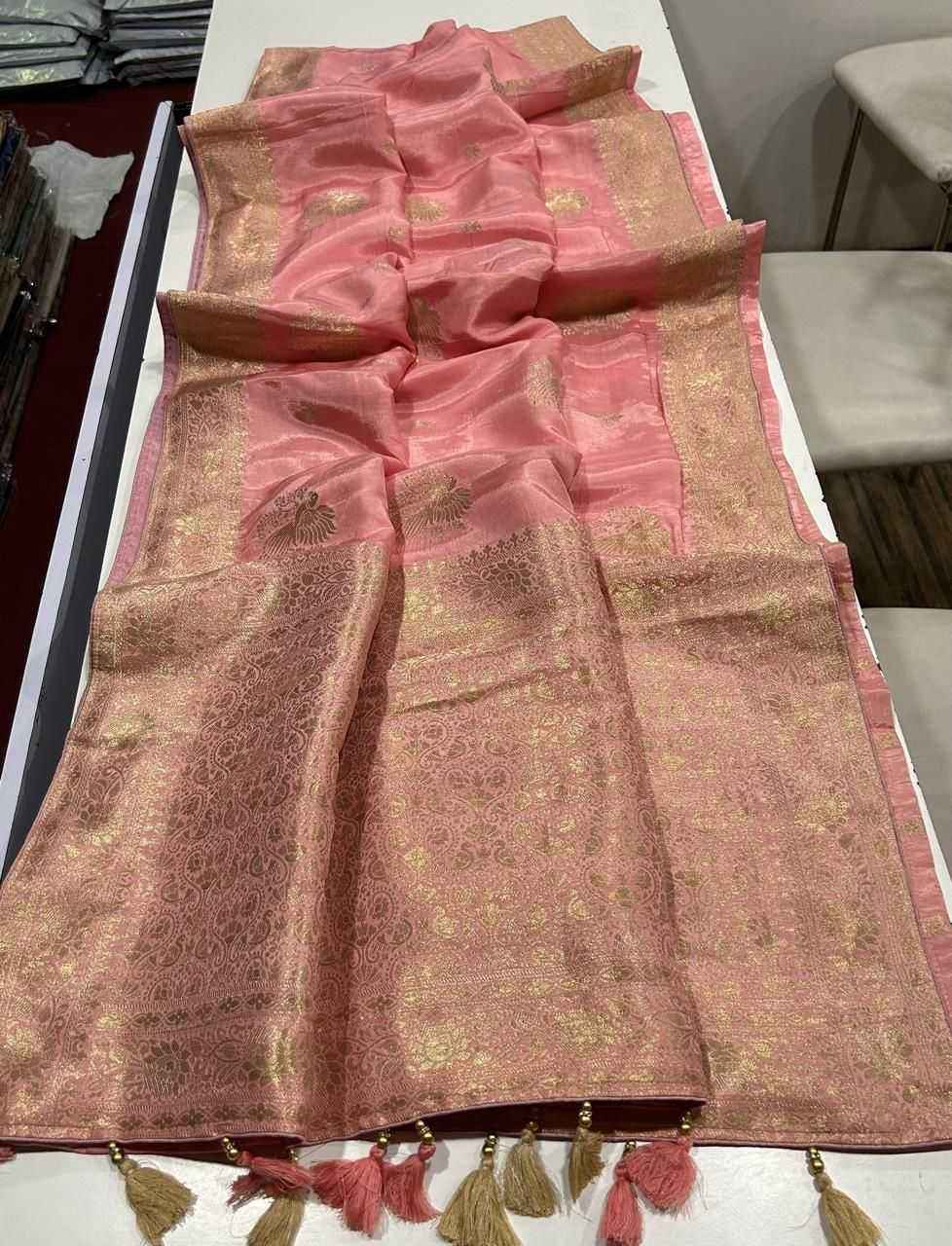 Light Pink Pure Soft Russian Silk Zari Weaving Butta Saree