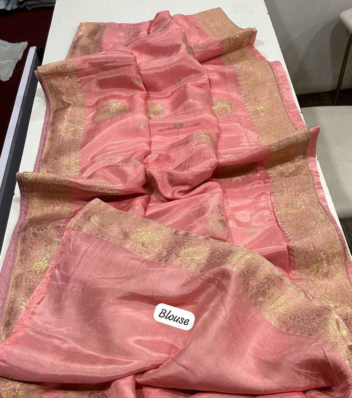 Light Pink Pure Soft Russian Silk Zari Weaving Butta Saree