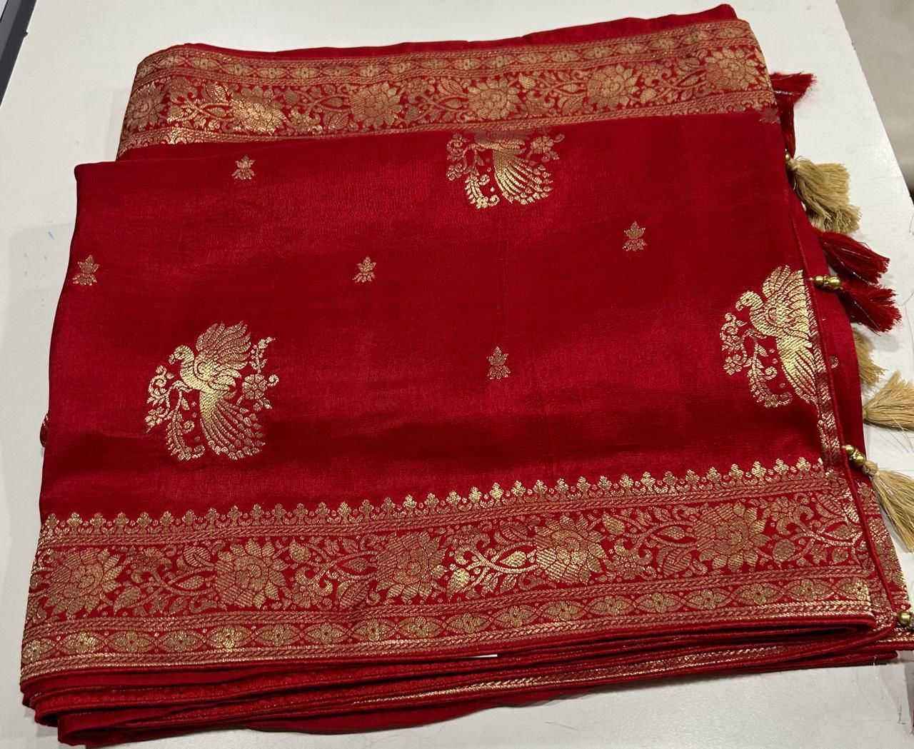 Red Pure Soft Russian Silk Zari Weaving Butta Saree