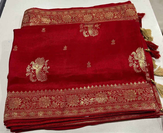 Red Pure Soft Russian Silk Zari Weaving Butta Saree