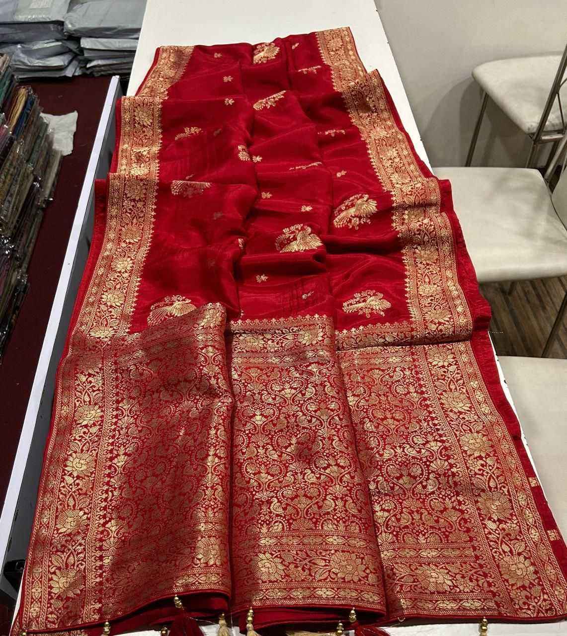 Red Pure Soft Russian Silk Zari Weaving Butta Saree