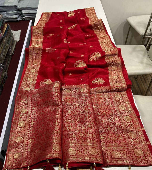 Red Pure Soft Russian Silk Zari Weaving Butta Saree
