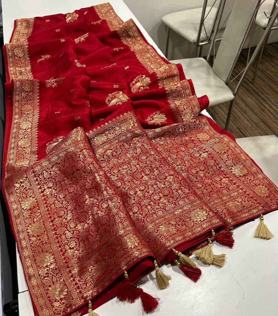 Red Pure Soft Russian Silk Zari Weaving Butta Saree