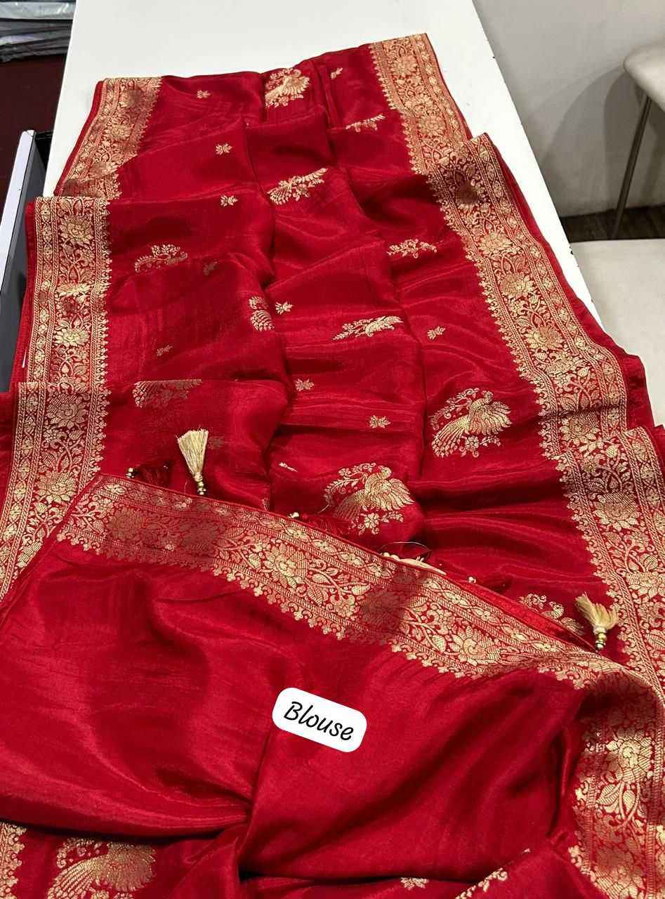 Red Pure Soft Russian Silk Zari Weaving Butta Saree