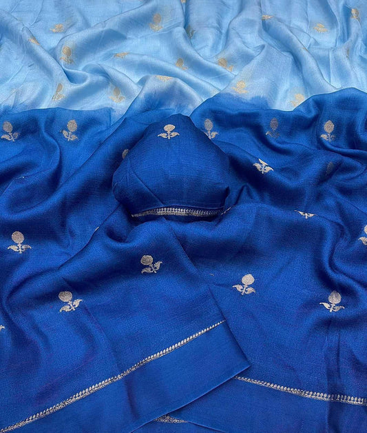 Sky Blue Pure Soft Viscose Khadi Silk Jacquard Leaf Design Saree with Satin Border - House of ViDi
