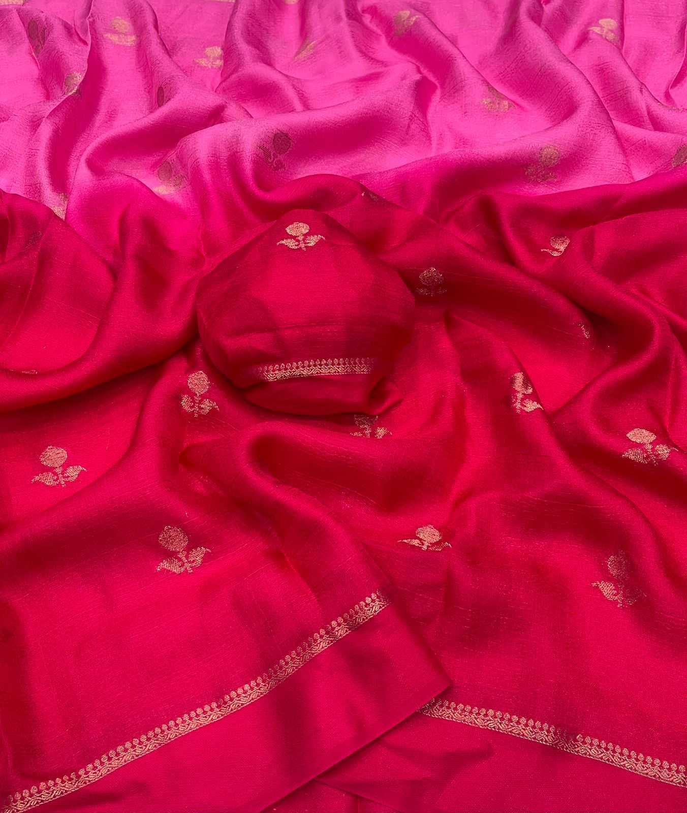 Pink Pure Soft Viscose Khadi Silk Jacquard Leaf Design Saree with Satin Border - House of ViDi