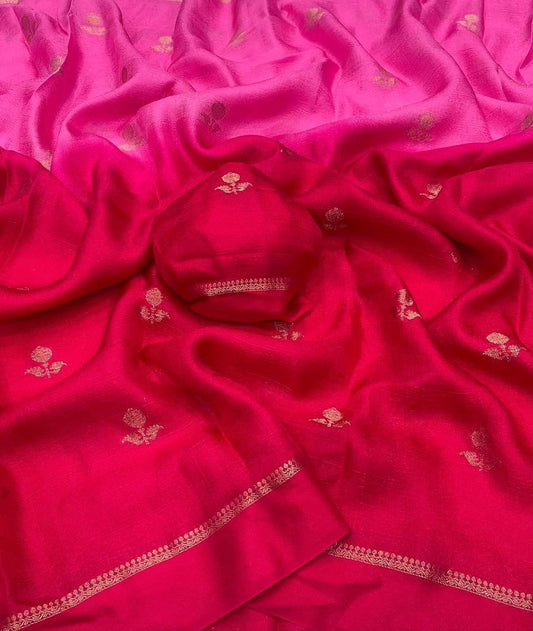 Pink Pure Soft Viscose Khadi Silk Jacquard Leaf Design Saree with Satin Border - House of ViDi