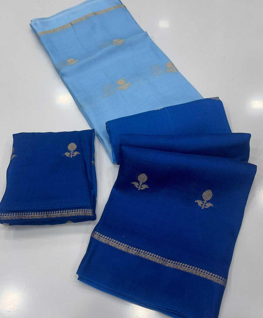 Sky Blue Pure Soft Viscose Khadi Silk Jacquard Leaf Design Saree with Satin Border - House of ViDi