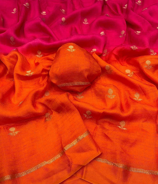 Dark Pink Pure Soft Viscose Khadi Silk Jacquard Leaf Design Saree with Satin Border - House of ViDi