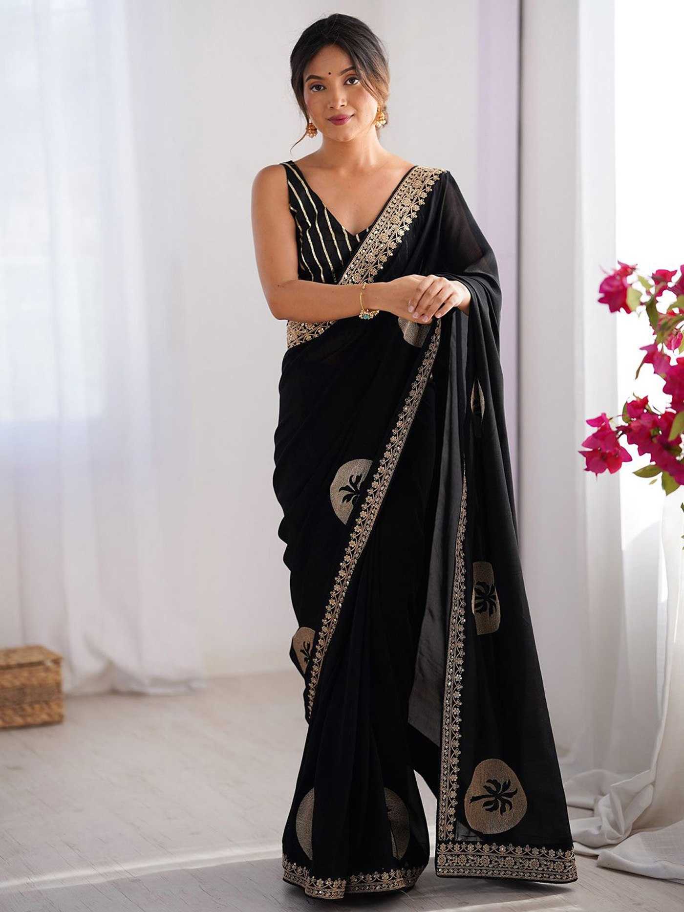 Black Rangoli Silk Embroidered Party Wear Saree with Lace Border - House of ViDi