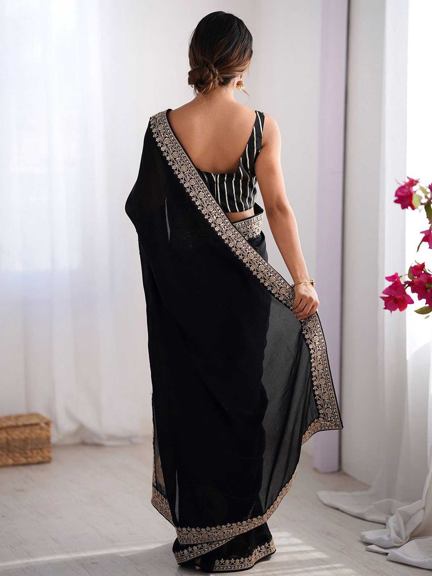 Black Rangoli Silk Embroidered Party Wear Saree with Lace Border - House of ViDi