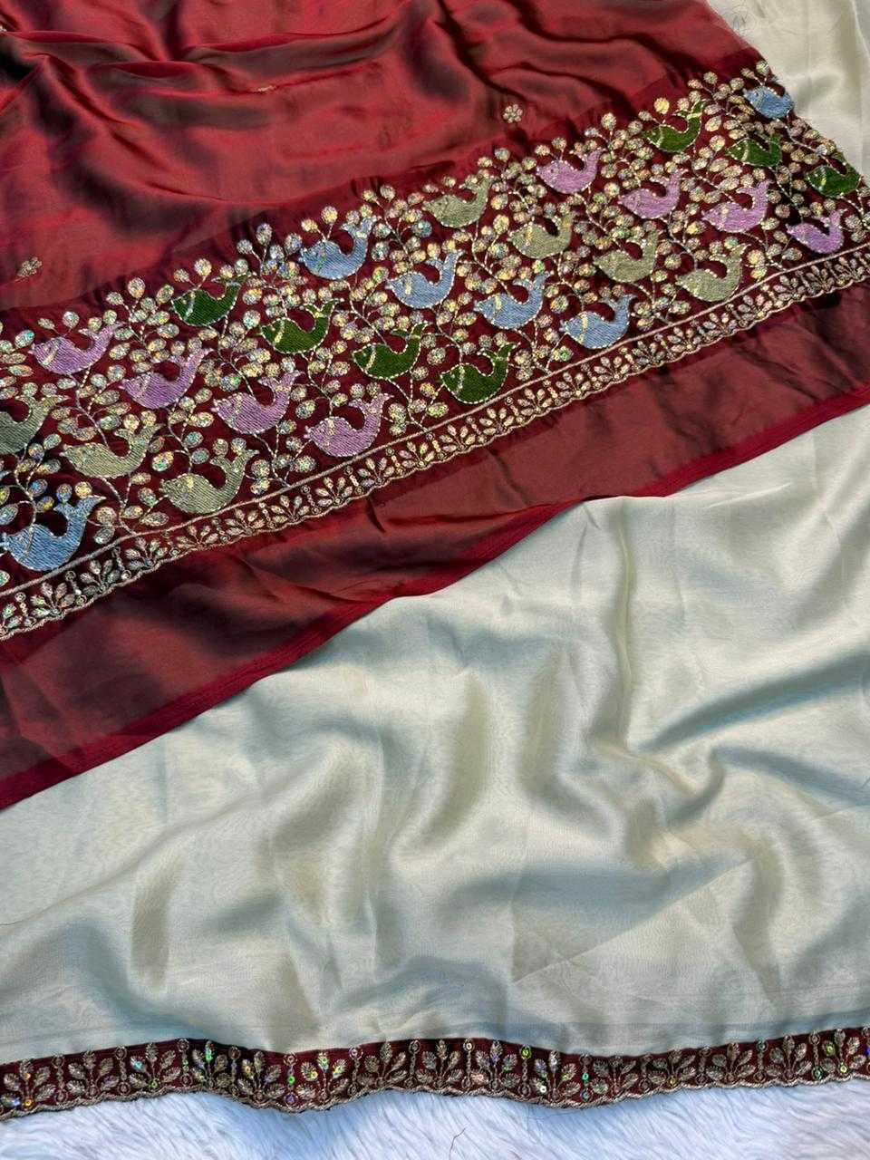 Cream Rangoli Silk Embroidered Saree with Sequins Work Blouse - House of ViDi