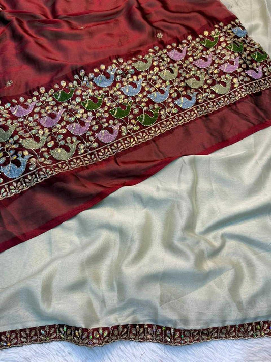 Cream Rangoli Silk Embroidered Saree with Sequins Work Blouse - House of ViDi