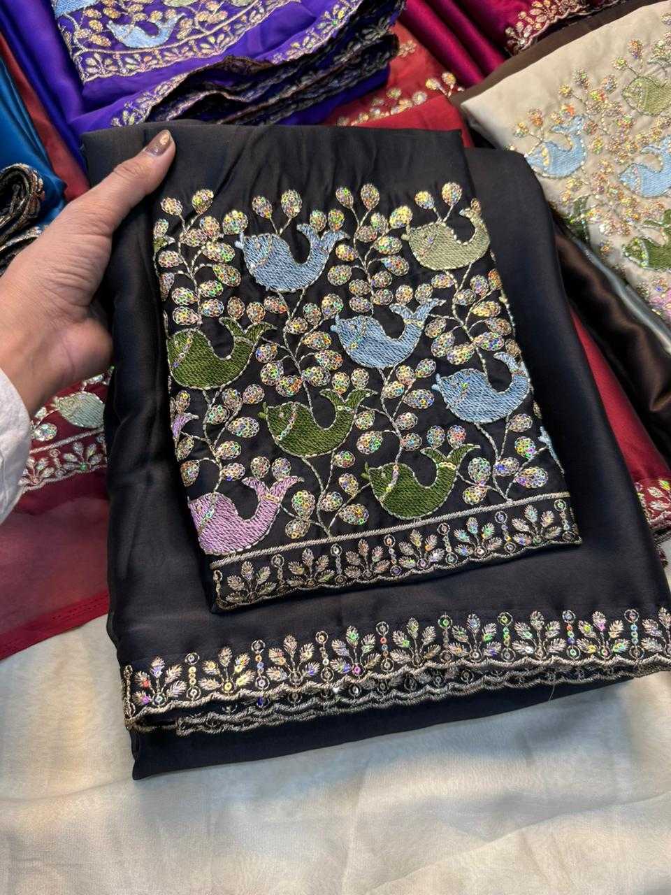 Black Rangoli Silk Embroidered Saree with Sequins Work Blouse - House of ViDi