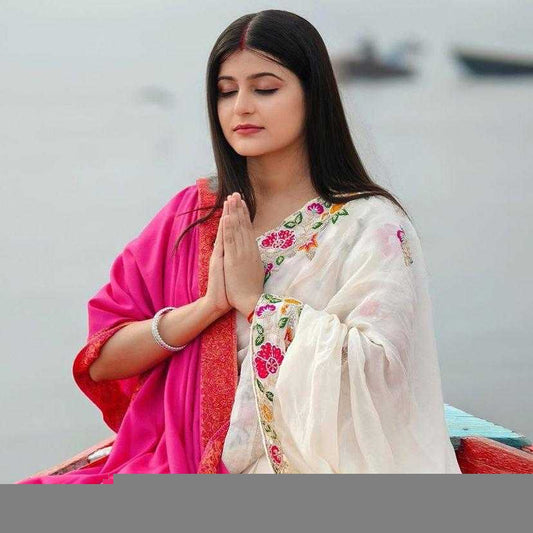 Pure White Designer Chinon Silk Saree with Heavy Embroidery & Unstitched Blouse – Party & Festive Wear - House of ViDi