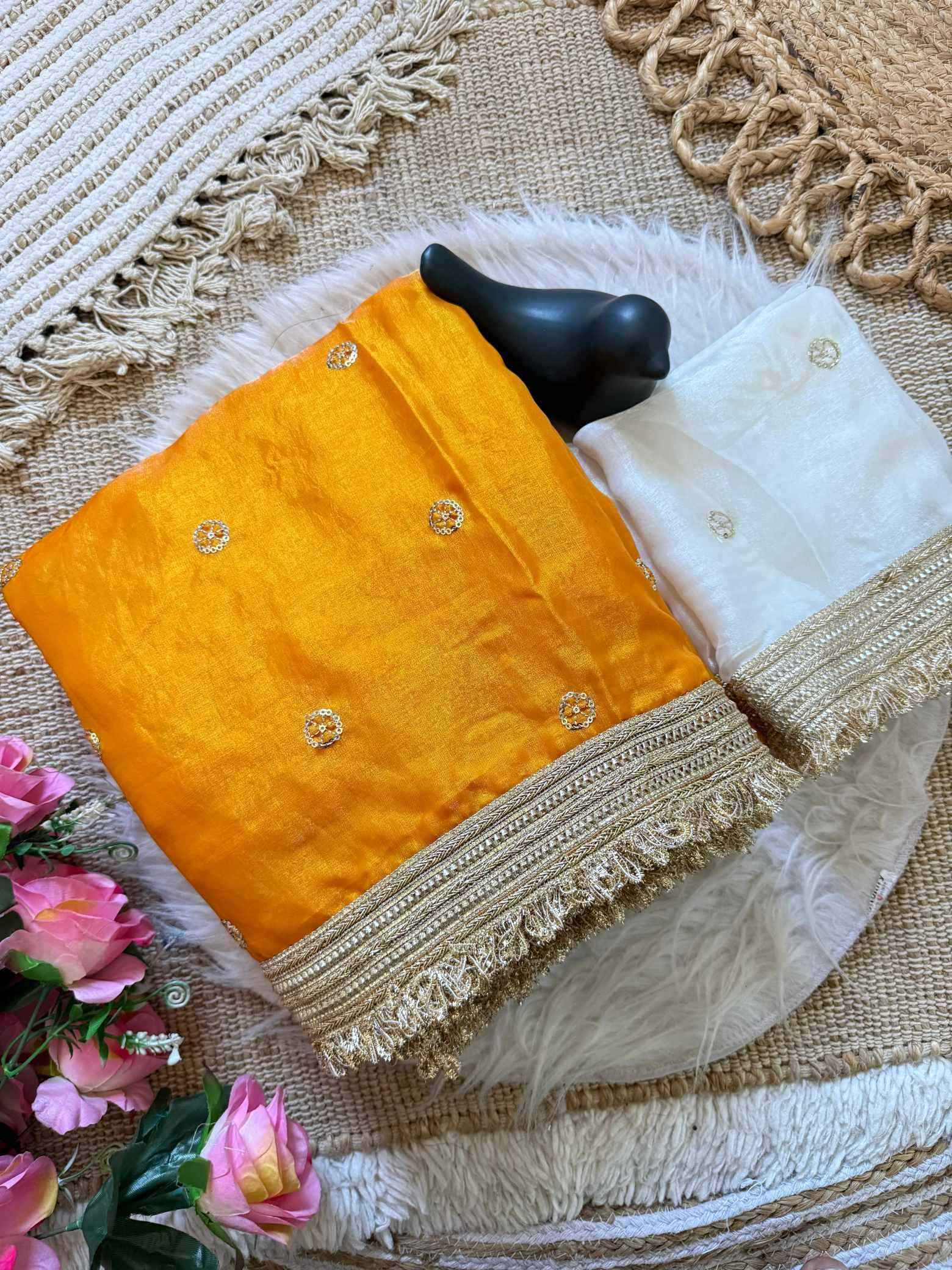 Mustard Fendy Satin Saree with Embroidery & Heavy Lace Border