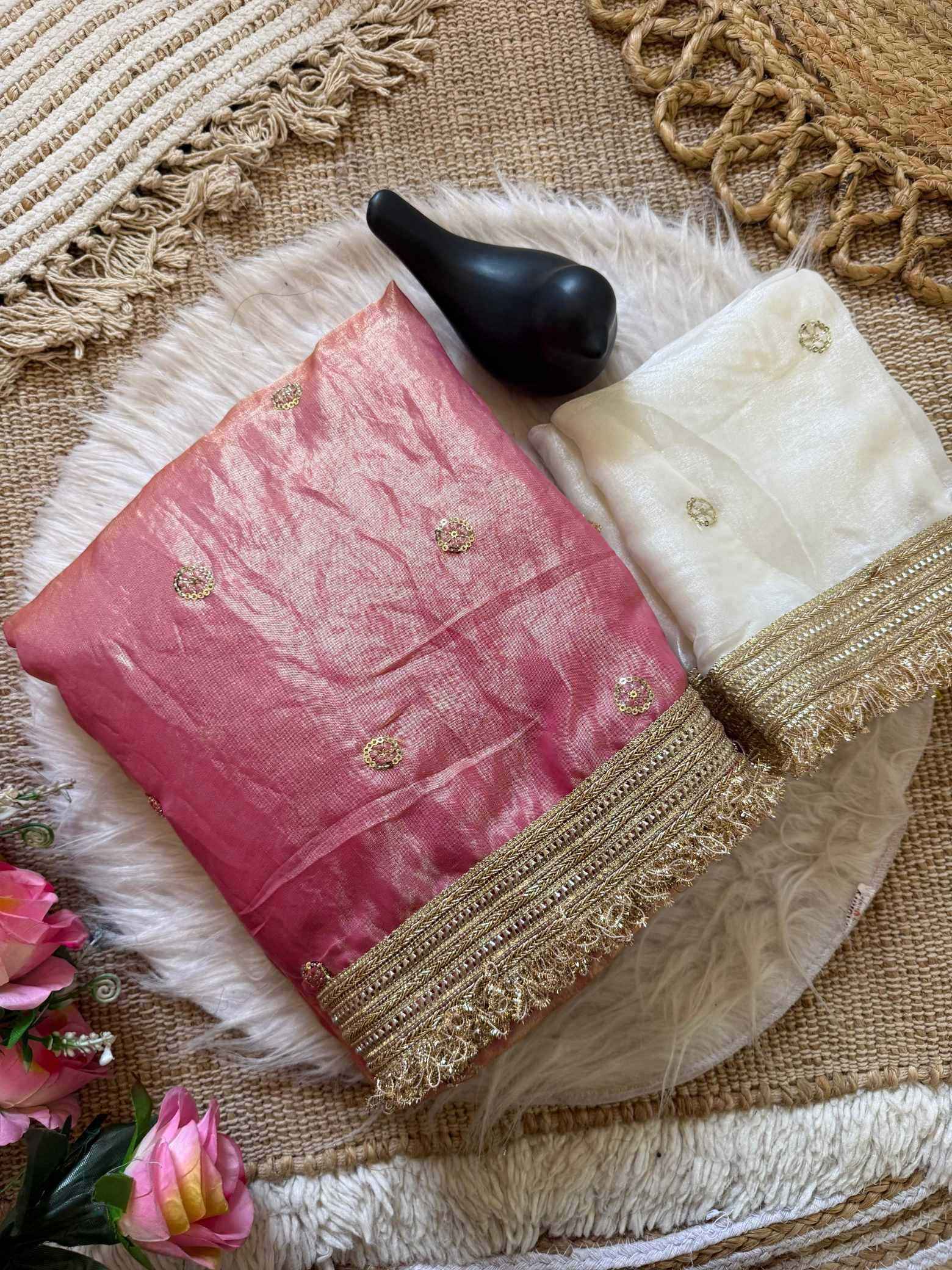 Peach Fendy Satin Saree with Embroidery & Heavy Lace Border