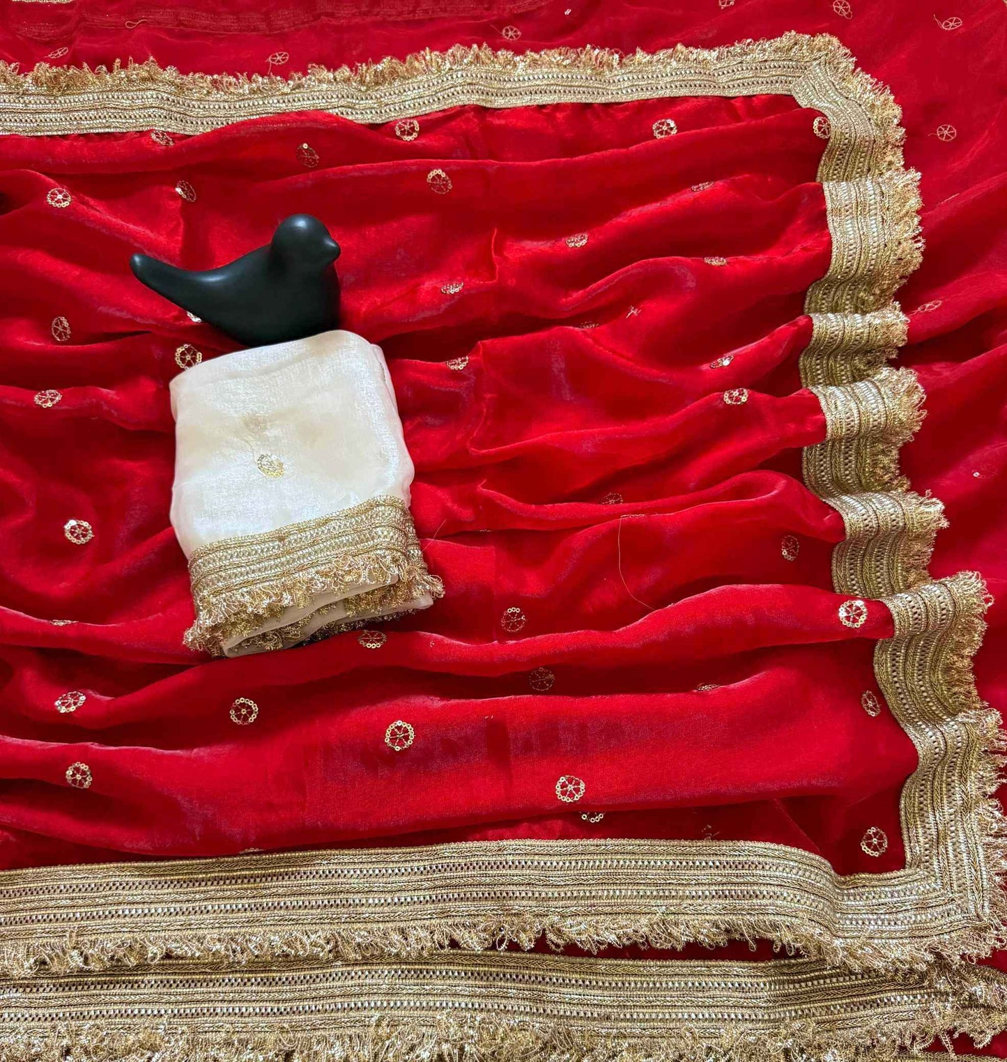 Red Fendy Satin Saree with Embroidery & Heavy Lace Border