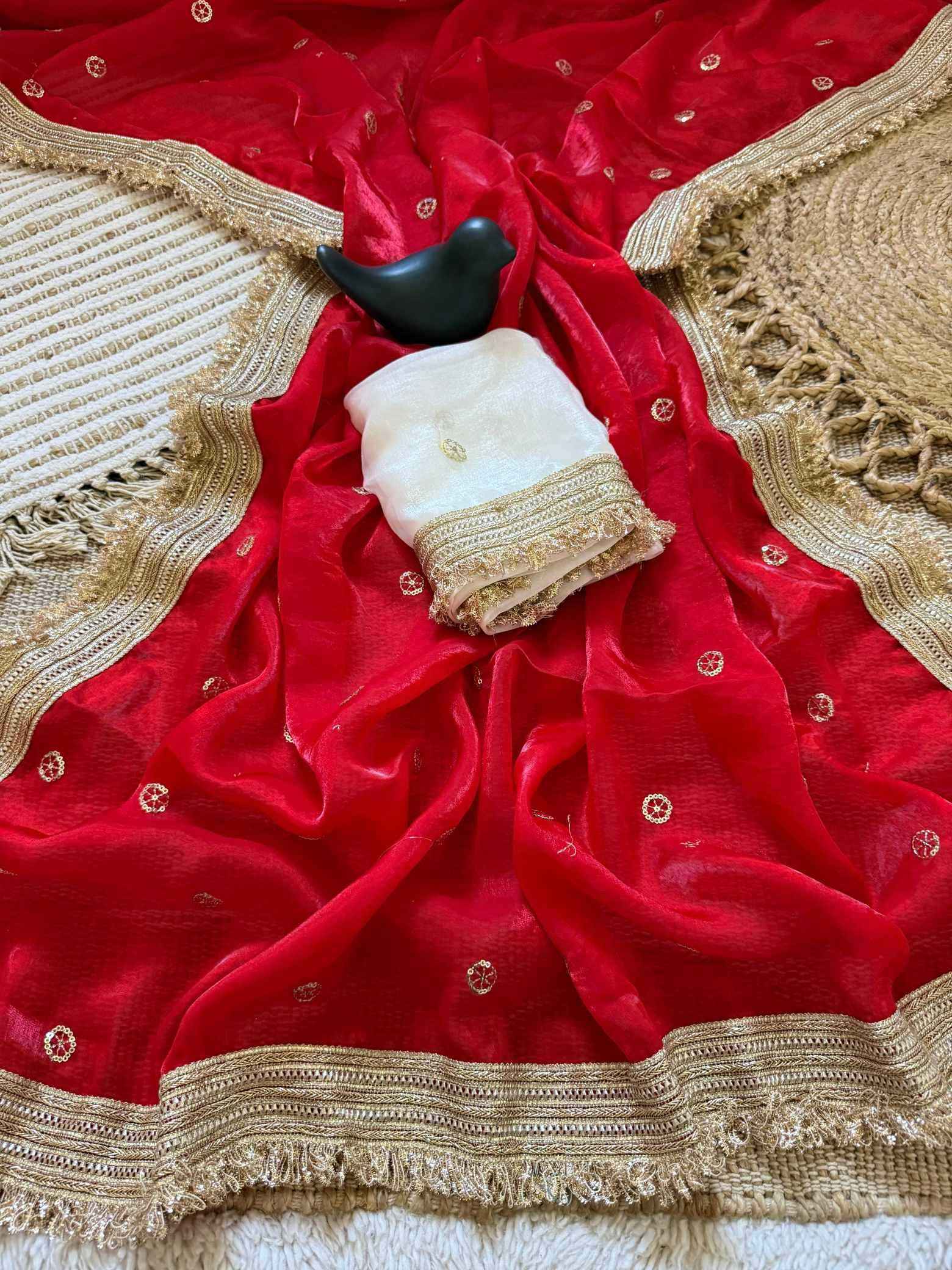 Red Fendy Satin Saree with Embroidery & Heavy Lace Border