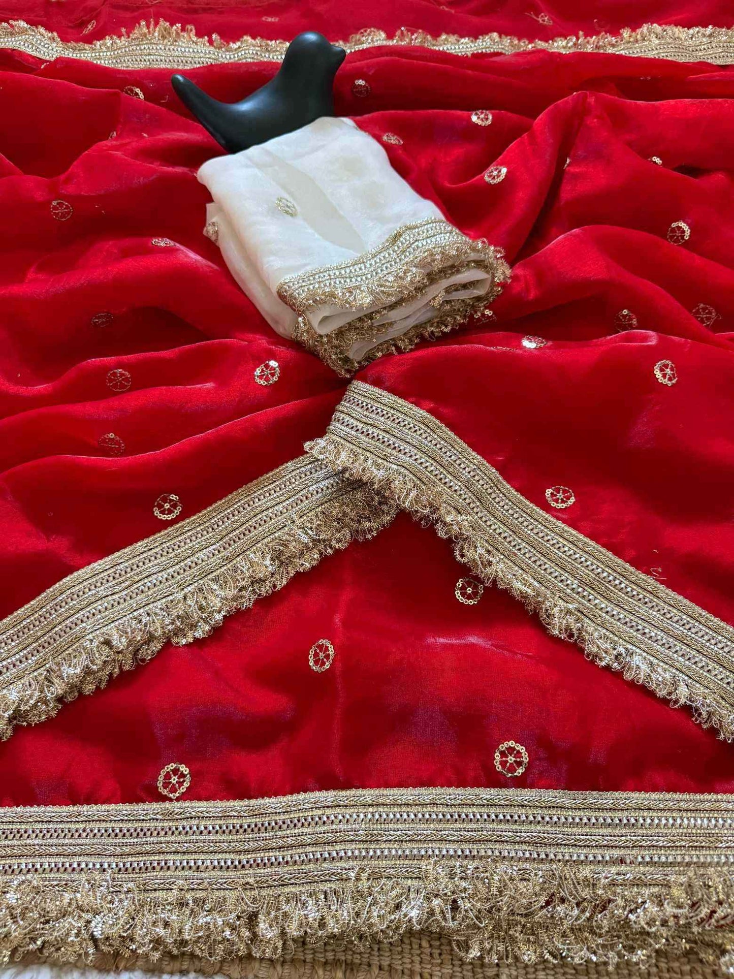 Red Fendy Satin Saree with Embroidery & Heavy Lace Border