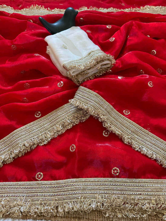 Red Fendy Satin Saree with Embroidery & Heavy Lace Border